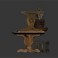 Wooden Accent Table With Carved Details And Decorative Lavender Plant