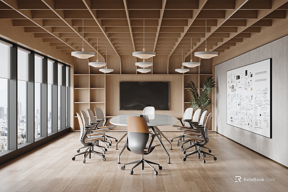 Modern Conference Room With Wooden Ceiling Hanging Lights Round Table Large Windows And Green Plant 3d model 