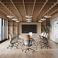 Modern Conference Room With Wooden Ceiling Hanging Lights Round Table Large Windows And Green Plant