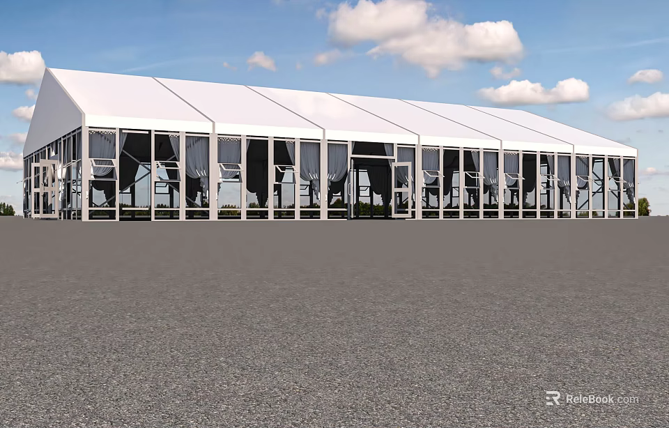 Large White Outdoor Tent With Glass Windows Under Blue Sky And White Clouds 3d model 
