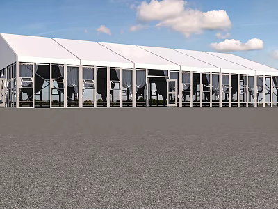 Large White Outdoor Tent With Glass Windows Under Blue Sky And White Clouds 3d model
