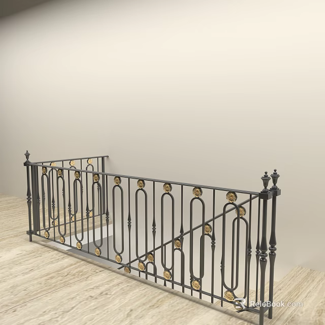 Elegant Wrought Iron Staircase Railing with Gold Accents and Wooden Floor 3d model 