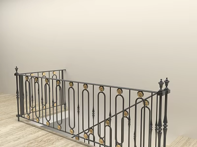 Elegant Wrought Iron Staircase Railing with Gold Accents and Wooden Floor 3d model