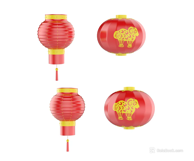 Red Chinese Lanterns With Yellow Borders Tassels And Sheep Patterns Design 3d model 