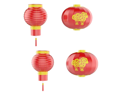 Red Chinese Lanterns With Yellow Borders Tassels And Sheep Patterns Design 3d model