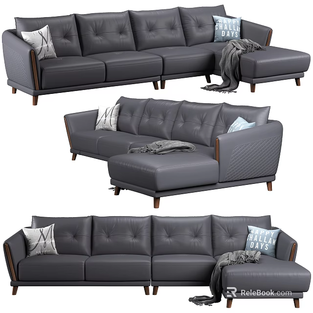 Gray Leather Sectional Sofa With Decorative Pillows Throw Blanket And Wooden Legs 3d model 