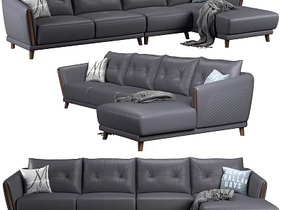 Gray Leather Sectional Sofa With Decorative Pillows Throw Blanket And Wooden Legs 3d model