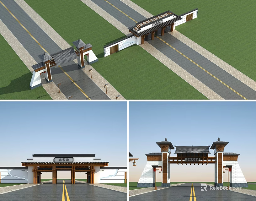 Traditional Chinese Entrance Gate With Pagoda Style Roof Inscription Plaque And Approach Road 3d model 