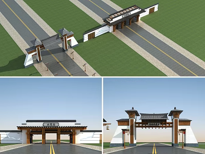 Traditional Chinese Entrance Gate With Pagoda Style Roof Inscription Plaque And Approach Road 3d model