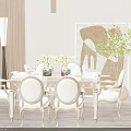Elegant Dining Table Set With Beige Chairs Flower Vases Tableware Floor Lamp And Art Painting