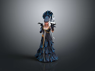 Elaborate Black Feather Gown Costume With Decorative Headdress And Scepter Like Object For Theatrical Performance 3d model