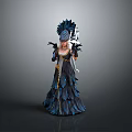 Elaborate Black Feather Gown Costume With Decorative Headdress And Scepter Like Object For Theatrical Performance