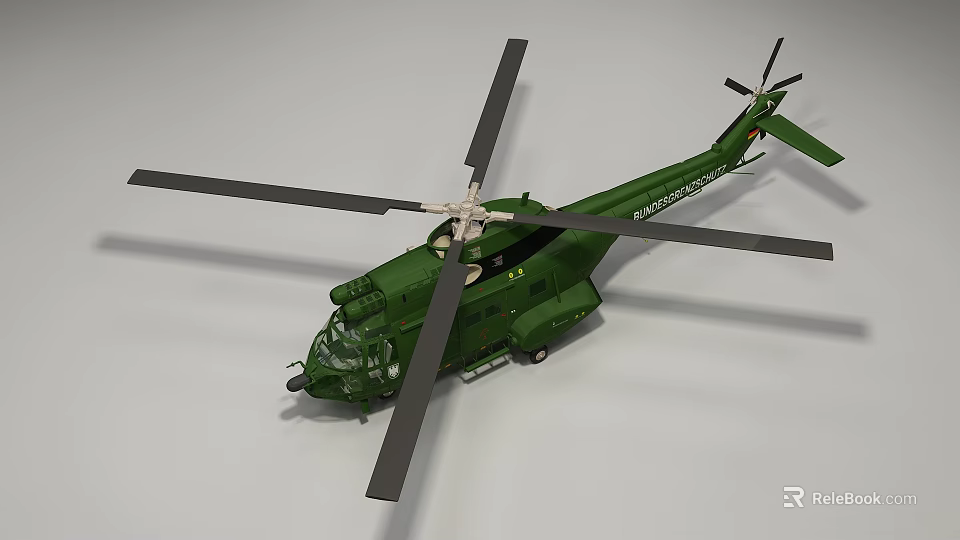 Detailed Green Helicopter With Rotors Fuselage And Markings On Gray Background 3d model 