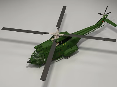Detailed Green Helicopter With Rotors Fuselage And Markings On Gray Background 3d model