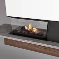 Modern Fireplace Design With Glass Front Flames Burning Wooden Stone Countertop Base