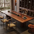 Traditional Tea Room Interior With Wooden Long Table Cushioned Chairs And Teaware Shelves