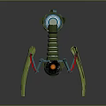 Mechanical Spider Like Creature With Blue Glowing Eye Green Blue Stripes And Spring Legs