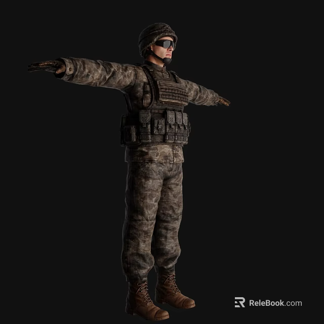 Man In Camouflage Uniform Wearing Goggles With Tactical Vest Arms Outstretched Against Black Background 3d model 