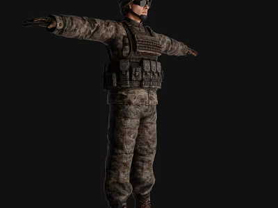 Man In Camouflage Uniform Wearing Goggles With Tactical Vest Arms Outstretched Against Black Background 3d model