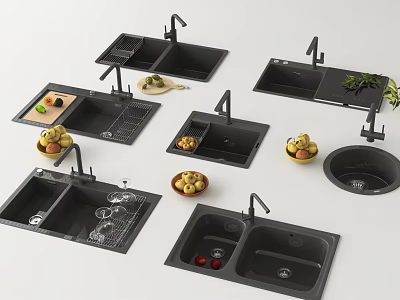Modern Kitchen Sinks With Various Designs Faucet Drainer Fresh Fruits Vegetables 3d model