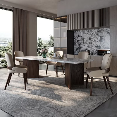 Modern Dining Room Interior With Marble Dining Table Beige Chairs And Scenic Window View 3d model