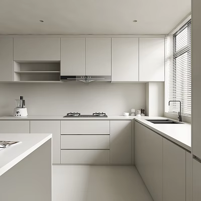 Modern Kitchen Interior With White Cabinets Stove Sink And Window With Blinds 3d model