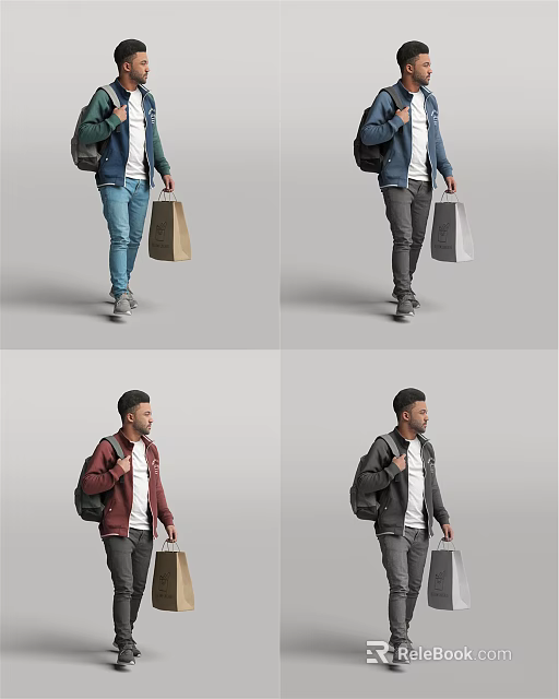 Man Walking With Backpack And Shopping Bag Casually Dressed In Different Pants 3d model