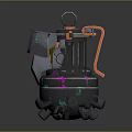 Bio Mechanical Character With Black Body Orange Accents Purple Glowing Lines Green Dots