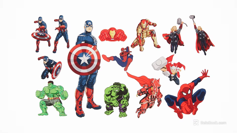 Superhero Silhouettes Featuring Captain America Iron Man Thor Spider-Man Hulk in Various Poses 3d model 