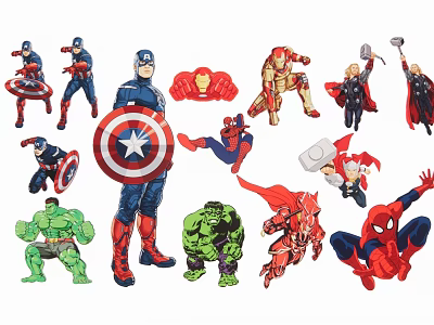 Superhero Silhouettes Featuring Captain America Iron Man Thor Spider-Man Hulk in Various Poses 3d model