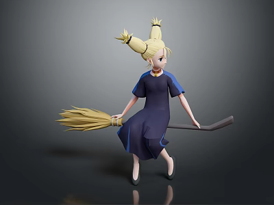 Young Girl Character With Twin Ponytails In Blue Dress Holding Yellow Bristle Broom 3d model