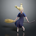 Young Girl Character With Twin Ponytails In Blue Dress Holding Yellow Bristle Broom