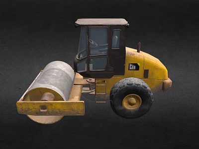 Yellow Road Roller Construction Vehicle With Steel Drum And Large Wheels 3d model