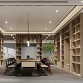 Modern Study Room Interior With Wooden Bookshelves Long Table Chairs And Green Plant