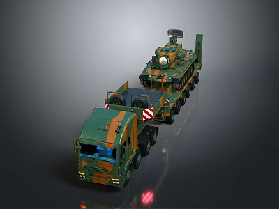 Military Transport Truck Carrying Armored Tank With Green Orange Camouflage Cabin And Trailer 3d model