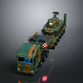 Military Transport Truck Carrying Armored Tank With Green Orange Camouflage Cabin And Trailer