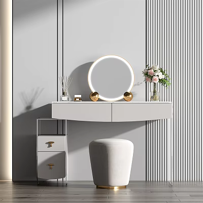 Modern White Vanity with Round Mirror and Gold Base Flower Vase Scented Diffuser and Drawers 3d model