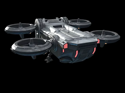 SciFi Inspired Flying Vehicle With Metallic Body Four Rotors And Red Lights Design 3d model
