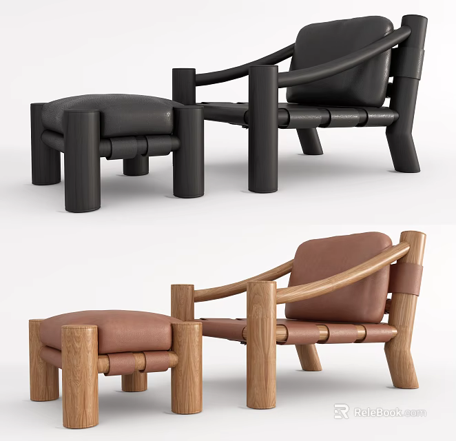 Stylish Black and Brown Leather Leisure Chairs with Matching Stools and Wooden Frames 3d model 