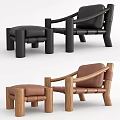 Stylish Black and Brown Leather Leisure Chairs with Matching Stools and Wooden Frames