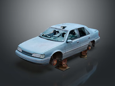 Old Abandoned Faded Sedan Placed On Rusty Metal Stands Against Gray Background 3d model