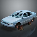 Old Abandoned Faded Sedan Placed On Rusty Metal Stands Against Gray Background