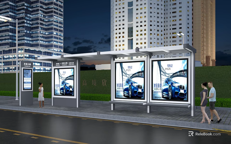 Bus Station Night Scene With Tall Buildings Advertising Billboards And People Walking 3d model 