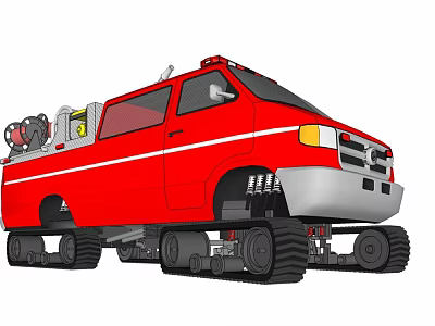 Red Emergency Fire Truck With Tracked Wheels And Firefighting Tools 3d model