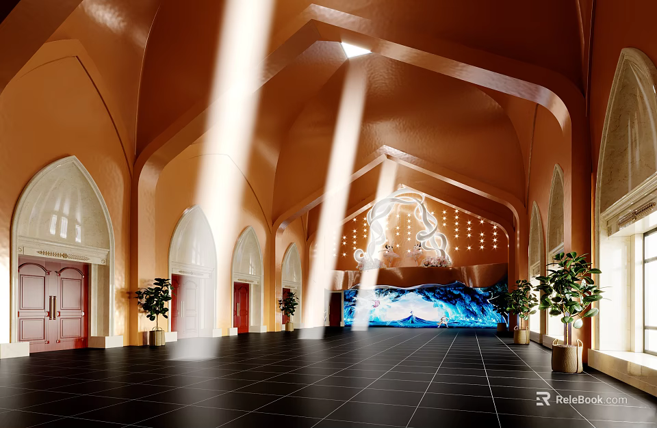 Spacious Cinema Lobby With Arched Architecture Chandelier And Digital Screen 3d model 