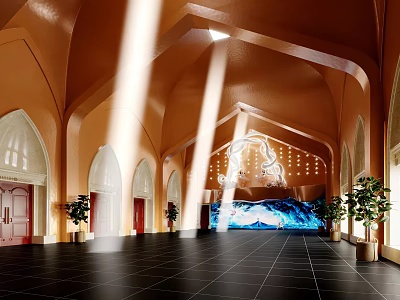 Spacious Cinema Lobby With Arched Architecture Chandelier And Digital Screen 3d model