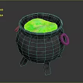 Black Iron Cauldron With Green Liquid And Ring Handles On Tripod Stand
