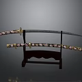 Traditional Ornate Japanese Sword With Colorful Floral Scabbard On Wooden Stand