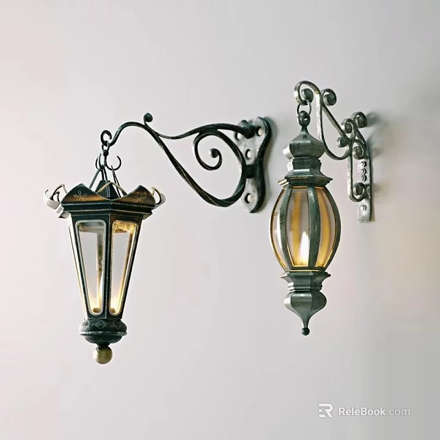 Vintage Wall Lamps With Decorative Iron Curved Brackets And Glass Shades 3d model 