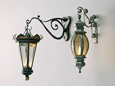 Vintage Wall Lamps With Decorative Iron Curved Brackets And Glass Shades 3d model